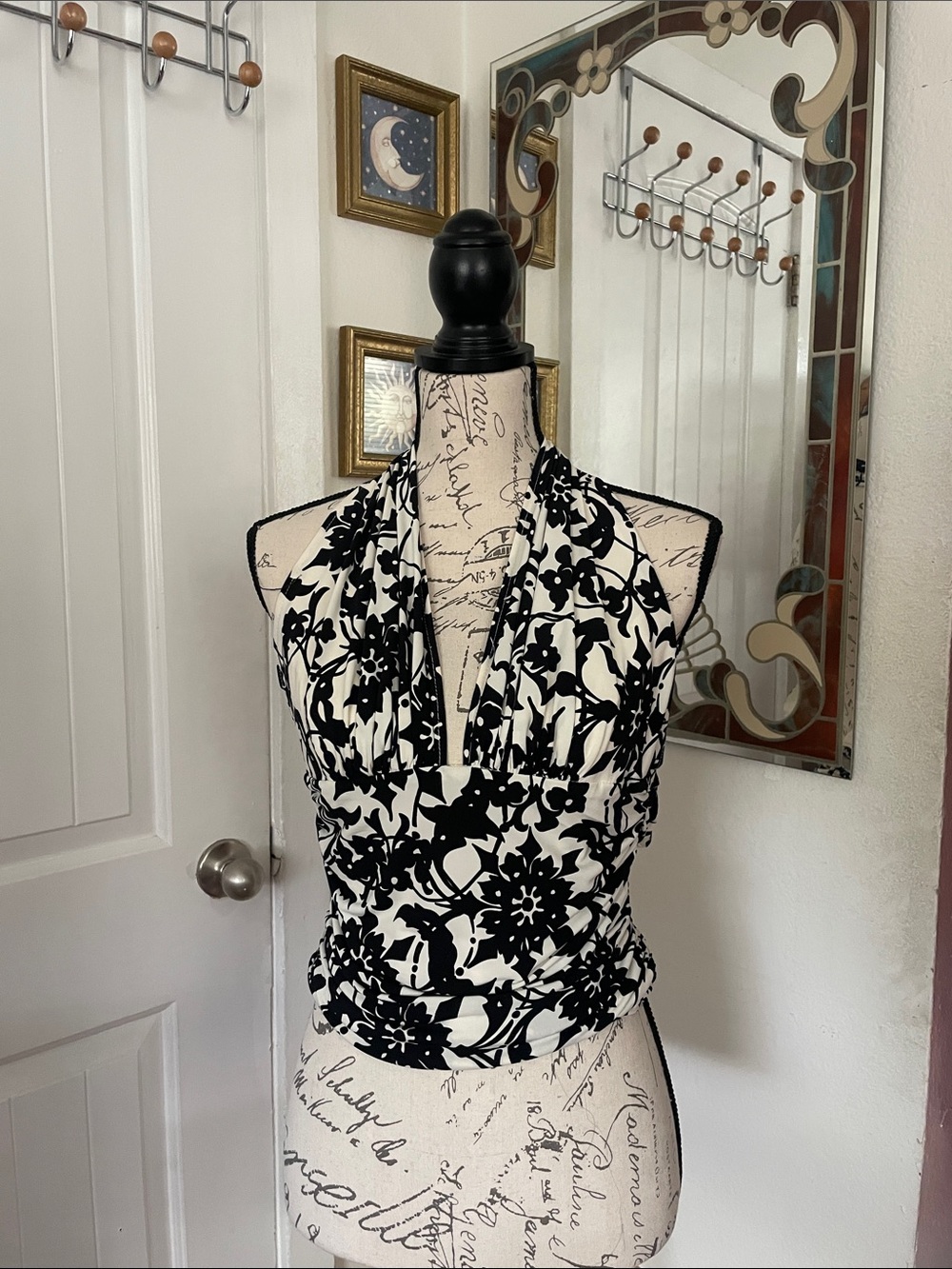 Vintage Maria Bianca Negro Black & White Floral Halter Women's Top Size XS* USA